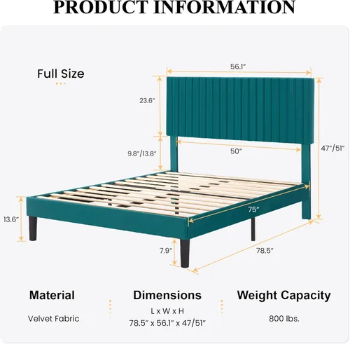Miniatura 2 de SHA CERLIN Base de cama de plataforma tapizada completa con cabecera ajustable de tela de terciopelo capitoné de canal vertical, soporte de listones