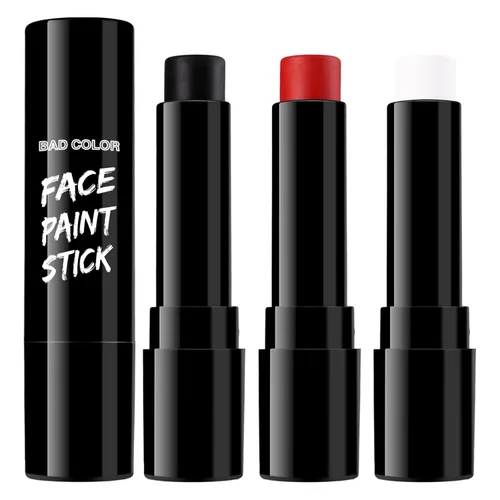 BADCOLOR Kit de 3 barras de pintura facial, barras de maquillaje para ojos negros, blanco y rojo, pintura corporal y facial para payaso, deportes,