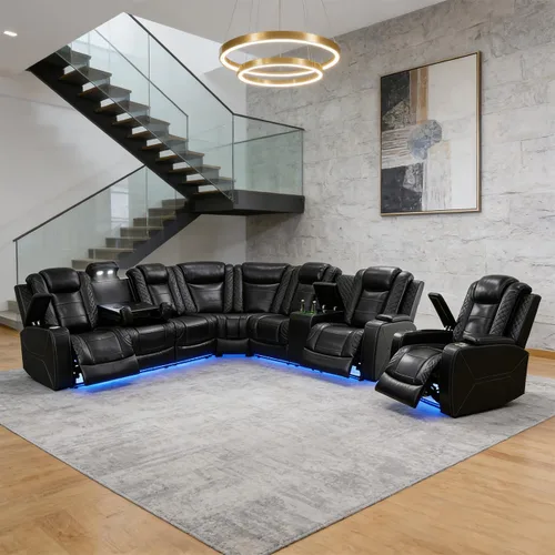 Miniatura 43 de Juego de sofá modular reclinable eléctrico para sala de estar, juego de sofá reclinable de cuero con luces LED / almacenamiento oculto, sofá