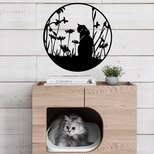 Miniatura 2 de SwallowLiving Decoración de silueta de gato negro de metal de 13.4 x 13.4 pulgadas, arte de pared de corte láser, elegante regalo de gato negro
