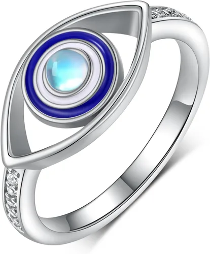 Anillo de ojo turco de plata de ley 925 con piedra lunar y ojo malvado, joyería de protección para mujeres