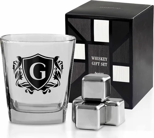 Miniatura 10 de Regalos de whisky para hombres, vaso de whisky con inicial personalizada con piedras de whisky para papá, novio, mejores amigos, compañeros