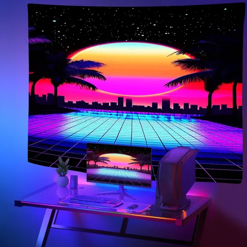 Miniatura 3 de Tapiz de sol de neón de luz negra, tapiz de silueta de palmera de ciudad que brilla en la oscuridad, tapiz para colgar en la pared, reactivo a