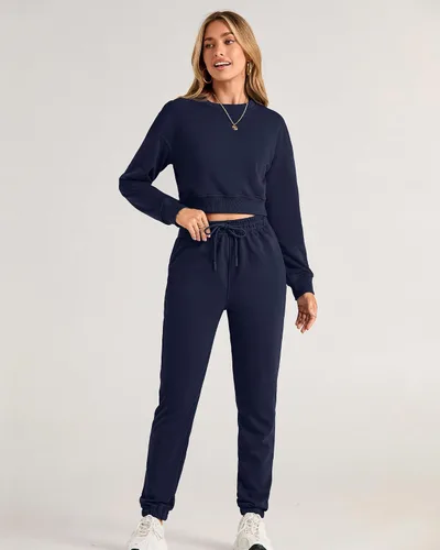 Miniatura 10 de BTFBM Conjunto deportivo de 2 piezas para mujer, camiseta corta de manga larga, sin botones, pantalón con cordón ajustable, pantalones deportivos