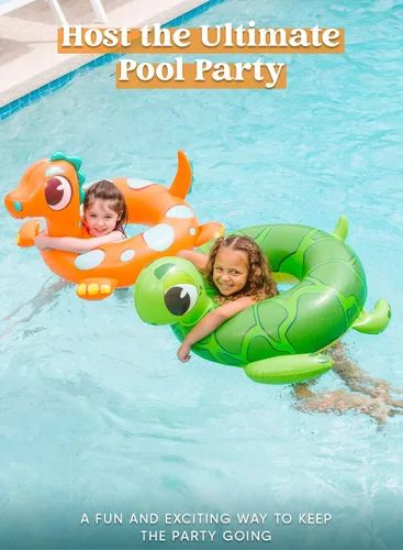 Miniatura 4 de SLOOSH Paquete de 3 flotadores inflables para piscina, dinosaurio, tortuga marina y delfín, anillos de natación para niños pequeños, piscina playa