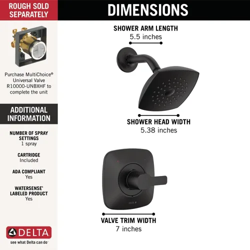 Miniatura 3 de Delta Modern 14 Series T142339-BL-PP - Juego de grifo de ducha serie moderna, juego de cabezal y mango de ducha negro mate, kit de molduras