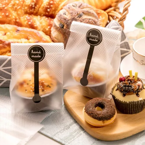 Miniatura 3 de (200 unidades) 100 bolsas de plástico translúcidas/bolsas de panadería con 100 calcomanías hechas a mano para galletas, pasteles, chocolate, dulces