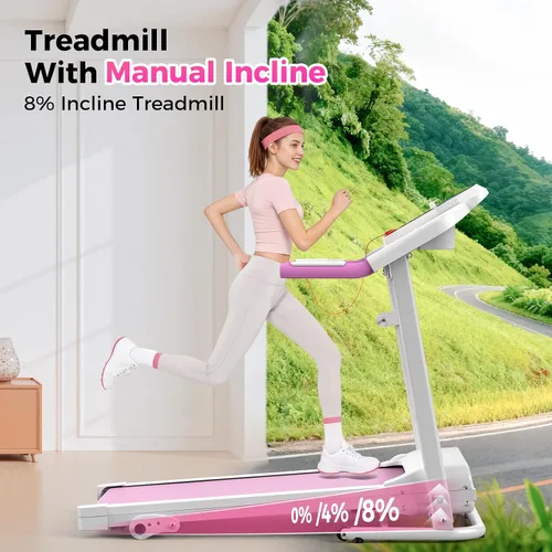 Miniatura 7 de Lastforever Caminadora plegable para uso doméstico, motor silencioso de 2.5 HP, 0.5 a 7.5 MPH con 8% de inclinación manual, cinta de correr Rosa