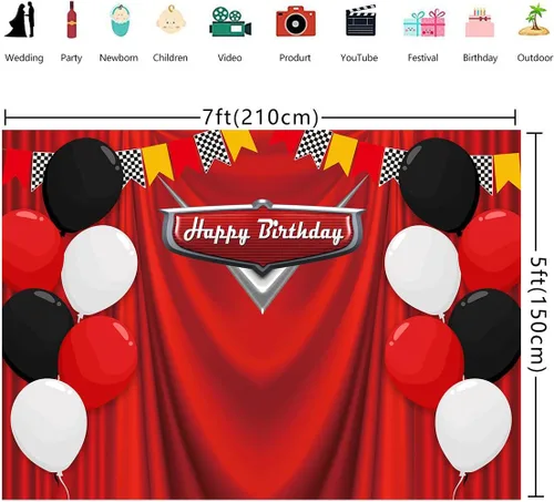 Miniatura 2 de Telón de fondo de cumpleaños de 7 x 5 pies, bandera de carreras, fondo rojo para fotografía, temática de carreras, decoración de fiesta