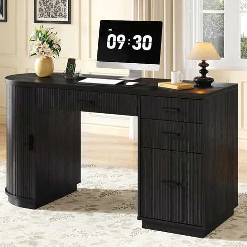 ONBRILL Escritorio ejecutivo acanalado de 58 pulgadas, escritorio para computadora con cajones de almacenamiento y cajón de archivos, moderno Negro