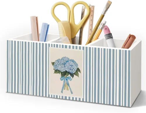 Portalápices florales de hortensias azules para escritorio, decoración estética de habitación azul, flor de hortensia femenina preppy para niñas,