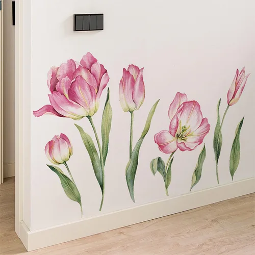 Miniatura 5 de 2 hojas de calcomanías de pared de flores rosas grandes, tulipán, flores, flores, jardín, hojas verdes, plantas, vinilo, bricolaje, decoración