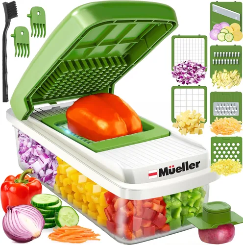 Mueller Cortador de verduras de 9 cuchillas, mandolina para rebanar, picador de verduras, rallador de queso, cortador de cebolla con recipiente,