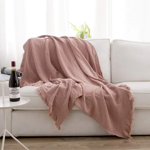 Miniatura 10 de Simple&Opulence Manta de muselina de algodón para cama, sofá, manta de gasa tejida de punto con borlas, suave, ligera, acogedora, prelavada