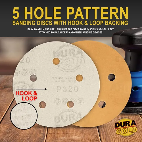 Miniatura 3 de Dura-Gold - Premium - Grano 320 - Discos de lija dorados de 5 pulgadas - Gancho y bucle sin polvo de 5 agujeros para lijadora DA - Caja de 50 discos