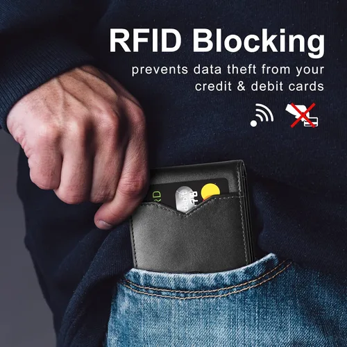 Miniatura 4 de GSOIAX Billetera delgada para hombre minimalista de cuero genuino fibra de carbono con bloqueo RFID de cuero vacuno plegable con caja de regalo