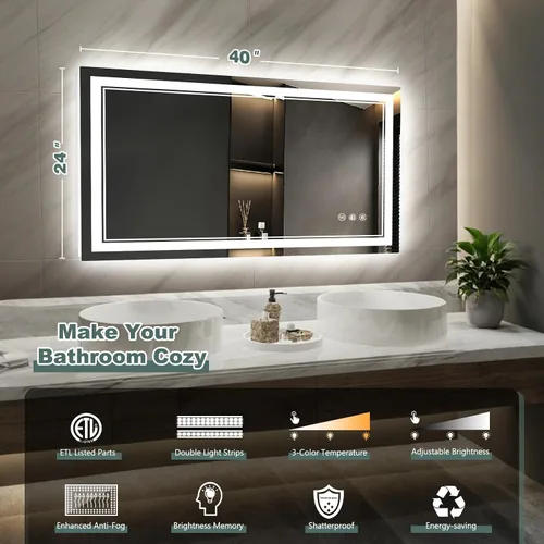 Miniatura 2 de Espejo de baño LED con luces: 40 x 24 pulgadas, grandes espejos iluminados para montar en la pared, sin niebla, antiniebla, regulable, función