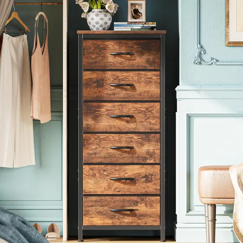 Miniatura 15 de Huuger Cómoda alta para dormitorio, cómoda estable de 7 cajones con dispositivo antipunta, cajones de piel sintética y tela, mesita de noche alta