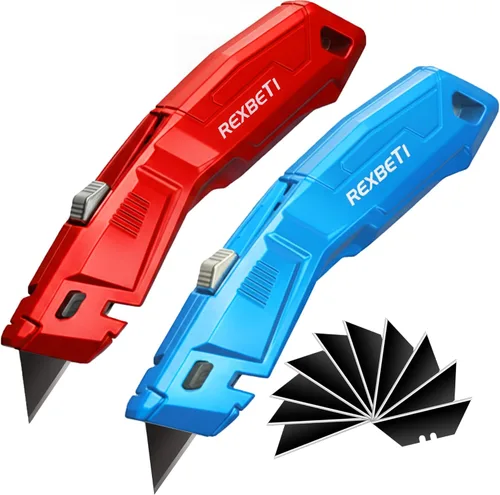 REXBETI - Juego de 2 cuchillos utilitarios con cuchillas extra, cuchillo de caja retráctil de 2 colores de alta resistencia para cartones, cartón y