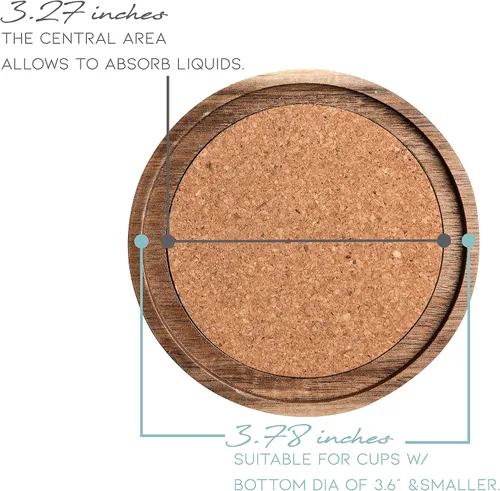 Miniatura 2 de Portavasos de madera de acacia para bebidas, 4.13 pulgadas, juego de 6, absorbentes y aislantes, apilables de corcho, posavasos rústicos para mesa