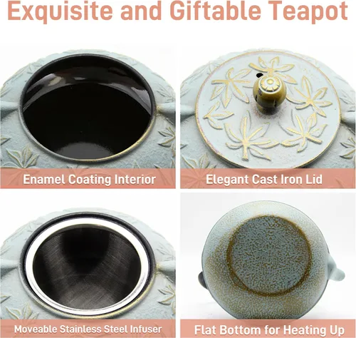 Miniatura 4 de Tetera de hierro fundido con infusor de acero inoxidable para estufa, recubierta con interior esmaltado, tetsubina japonesa con patrón de hojas