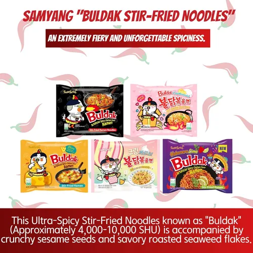 Miniatura 6 de Buldak Ramen Fideos de 5 sabores surtidos - Original, 2 x picantes, queso, carbonara, jajang - Total 5 unidades (1 paquete cada uno) - Fideos ramen