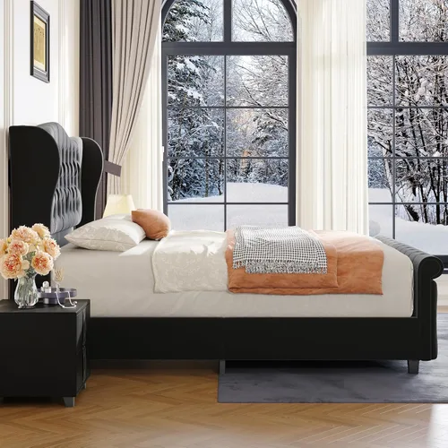 Miniatura 8 de koorlian Base de cama Queen, cama tapizada en terciopelo con cabecero y estribo con alas de voluta, cama moderna de lujo y suave con botones, fácil