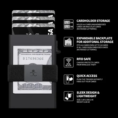 Miniatura 35 de Cartera delgada de aluminio para hombre, placa trasera expandible duradera, bloqueo RFID, billetera desplegable de metal minimalista, con capacidad