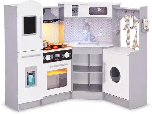 Lil' Jumbl Juego de cocina de esquina para niños, cocina de lujo de madera de simulación, máquina de hielo a pilas, estufa y grifo con sonido gris