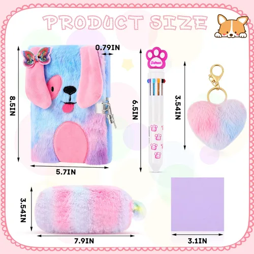 Miniatura 2 de Juego de cuadernos de peluche con diseño de arcoíris, cuaderno esponjoso para niñas, diario privado bordado, bloc de notas con candado, bolígrafo