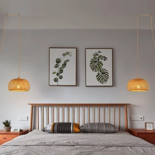Miniatura 7 de Lámpara colgante de bambú con enchufe con cordón tejido de 14 pies hecho a mano, interruptor regulable, lámpara colgante de cesta boho para Natural-4