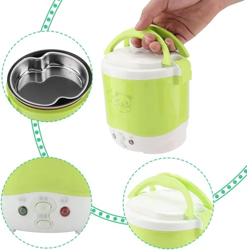 Miniatura 2 de 1L Mini olla arrocera 12V fiambrera eléctrica – Vaporizador de alimentos multifuncional portátil de viaje para coche, camping (verde)