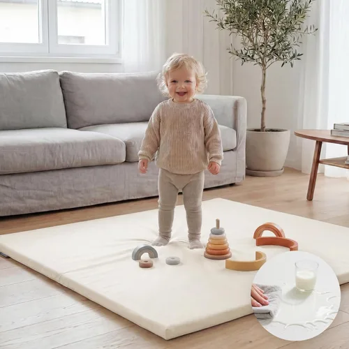 Miniatura 16 de Huloo Sleep Tapete de juego para bebé de 47 x 47 pulgadas, acolchado impermeable de 1.3 pulgadas de grosor, tapete para corral de juegos con cuero