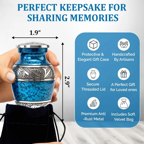 Miniatura 4 de Juego de 6 urnas azules para cenizas humanas para adultos, incluye 1 urna grande grabada a mano para adultos + 4 urnas de recuerdo y 1 collar