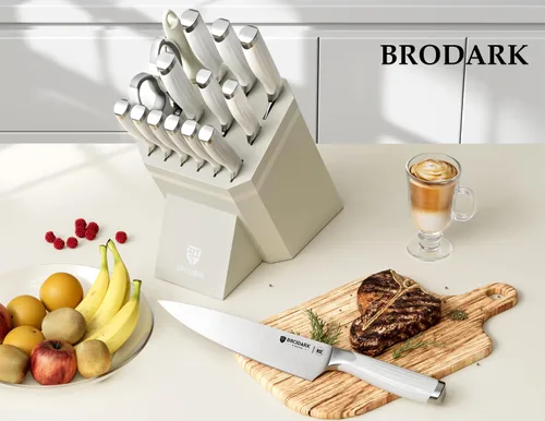 Miniatura 6 de BRODARK Juego de cuchillos de cocina con bloque y afilador – Juego de cuchillos blancos ultra afilados de 15 piezas Full Tang de acero inoxidable