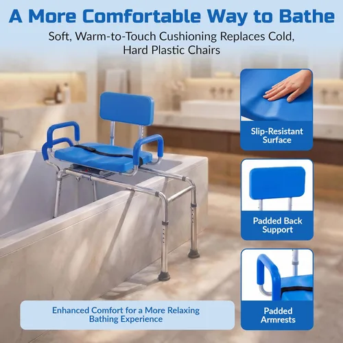 Miniatura 5 de Banco de transferencia deslizable para ducha con asiento giratorio Carousel, bariátrico, acolchado premium con apoyabrazos giratorios, alta
