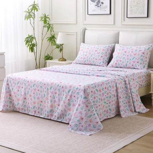 Miniatura 2 de Viviland Juego de sábanas de 3 piezas con estampado botánico de mariposas y flores rosas y moradas, sábanas de microfibra suave y transpirable