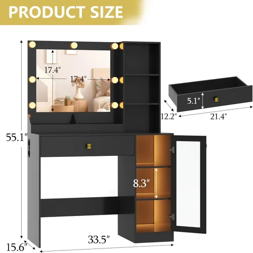 Miniatura 7 de Mesa de tocador con espejo y luces, pequeña mesa de maquillaje con gabinete de almacenamiento RGB y regletas de alimentación y estantes, 3 modos