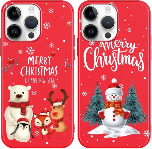 Miniatura 13 de Paquete de 2 bonitas fundas de Navidad para iPhone de 13/14 pulgadas, diseño de muñeco de nieve rojo, diseño de animales de Feliz Navidad, silicona