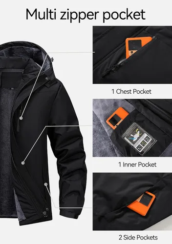 Miniatura 5 de PEGENO Chaqueta de Esquí para Hombre Resistente al Agua Cortavientos Aislada Forro Polar Térmico Chaquetas de Invierno Parka Impermeables Con Capucha