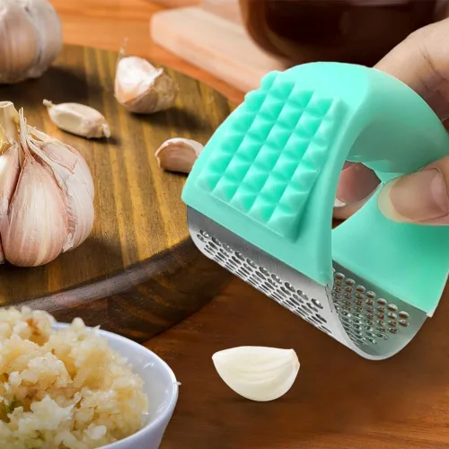 Miniatura 7 de Juego de balancines de prensa de ajo de acero inoxidable, trituradora de ajo con pelador y cepillo de limpieza, picadora de ajo fácil de usar
