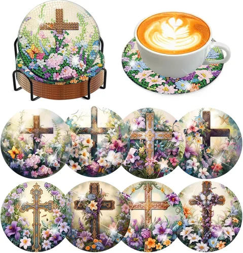 Miniatura 30 de Meothan Juego de 8 posavasos de arte de diamante para adultos con soporte, almohadillas de corcho, posavasos de arte de puntos de diamante de vidrio