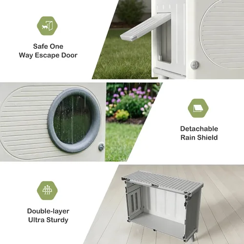 Miniatura 8 de Casa para gatos al aire libre resistente a la intemperie con puerta de escape, refugio aislado de plástico resistente para gatos, casa elevada