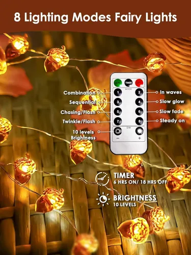 Miniatura 2 de 30LED Acorn Fairy Lights Battery Operated Fall String Lights Indoor Decor Remote Control, 8 Lighting Modes, IP44 Waterproof, Timer & Dimmable