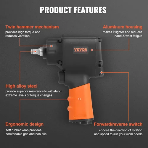 Miniatura 2 de VEVOR Llave de Impacto Neumática, Pistola de Impacto Neumática de Transmisión de 3/8 Pulgadas, Hasta 690 ft-lbs de Torque de Aflojamiento