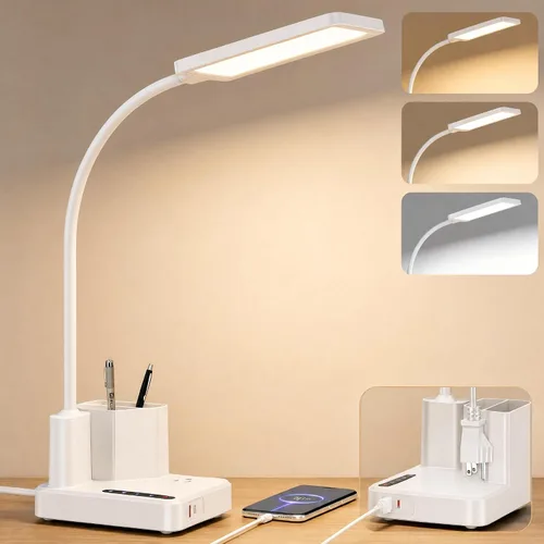 Lámpara de Escritorio, Lámparas de Escritorio LED para Oficina en Casa con 2 Puertos de Carga USB/Toma de Corriente/Organizador, Lámpara de