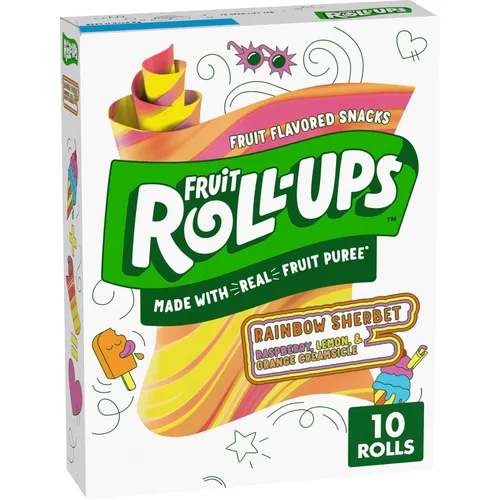 Fruit Roll-Ups Bocadillos con sabor a frutas, sorbete arcoíris, sin colores de fuentes artificiales, sin gluten, 10 unidades, 5 onzas