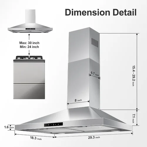 Miniatura 2 de Tieasy Campana extractora de 30 pulgadas para montaje en pared, campana de ventilación de cocina de 450 CFM en acero inoxidable, campana
