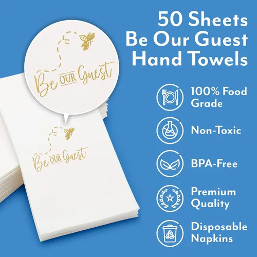 Miniatura 2 de AMERICAN HOMESTEAD - Toallas de Mano Desechables para Baño - Diseño Decorativo Be Our Guest Dorado - Servilletas de Invitados Similares al Lino