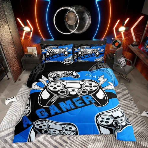 Miniatura 42 de Juego de edredón de videojuegos para niños, niñas y hombres, juego de ropa de cama con estampado de consola de videojuegos negro, decoración